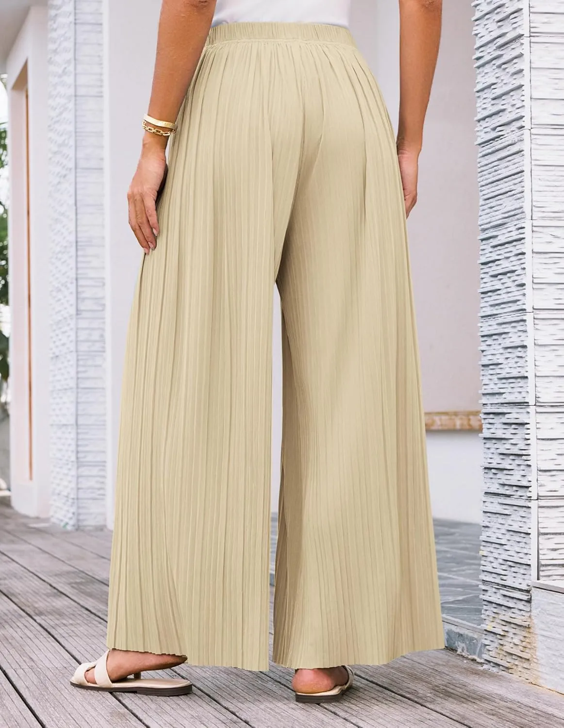 GRACE KARIN Women Wide Leg Pants Pleated Work Dress Pants Elastic Waisted Pull on Business Casual Trousers with Pockets