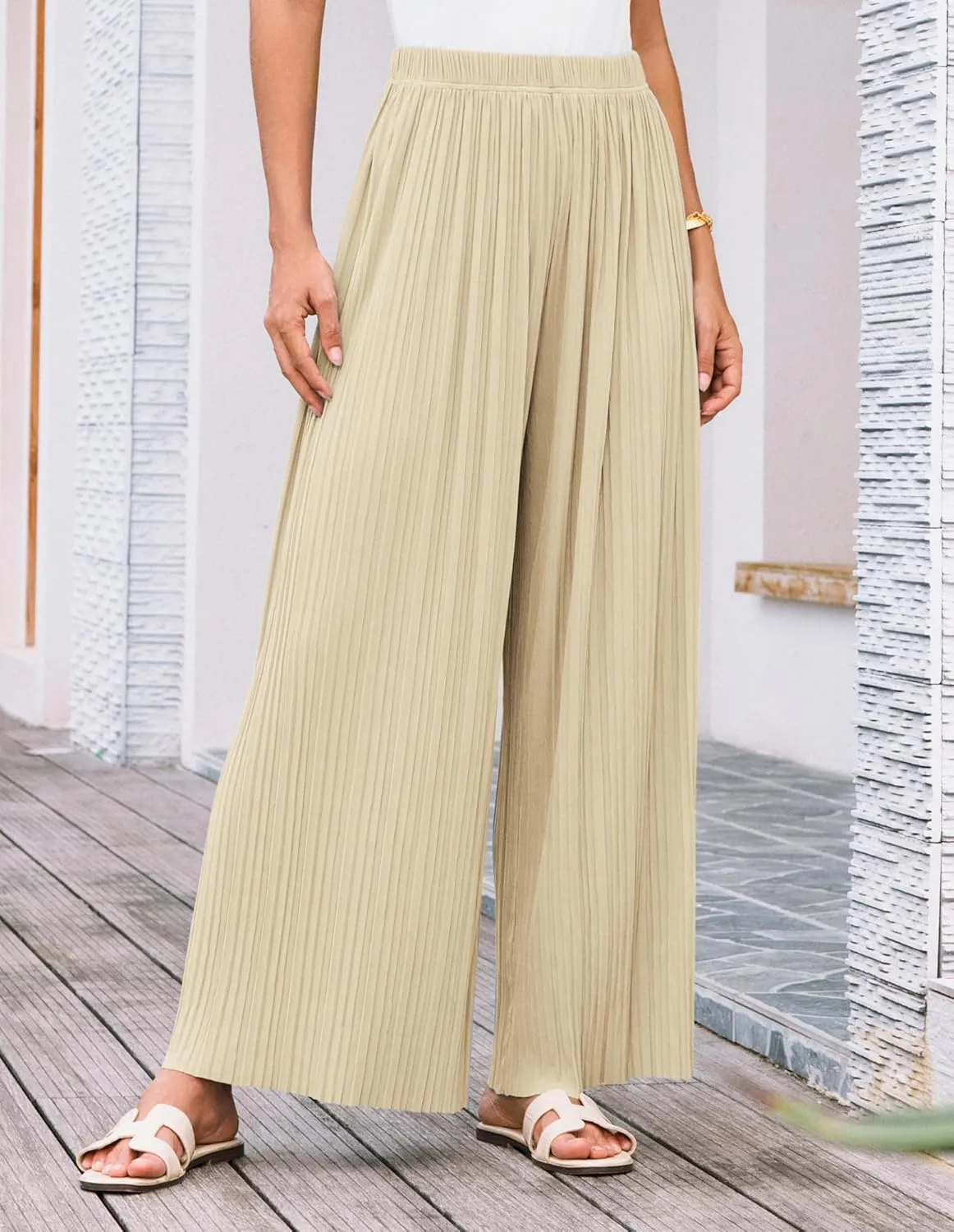 GRACE KARIN Women Wide Leg Pants Pleated Work Dress Pants Elastic Waisted Pull on Business Casual Trousers with Pockets