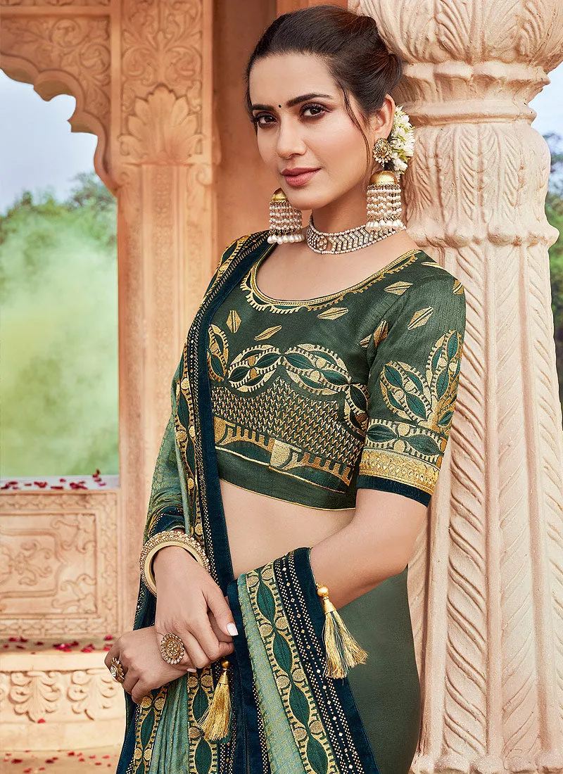 Green Two Tone Multi Embroidered Saree