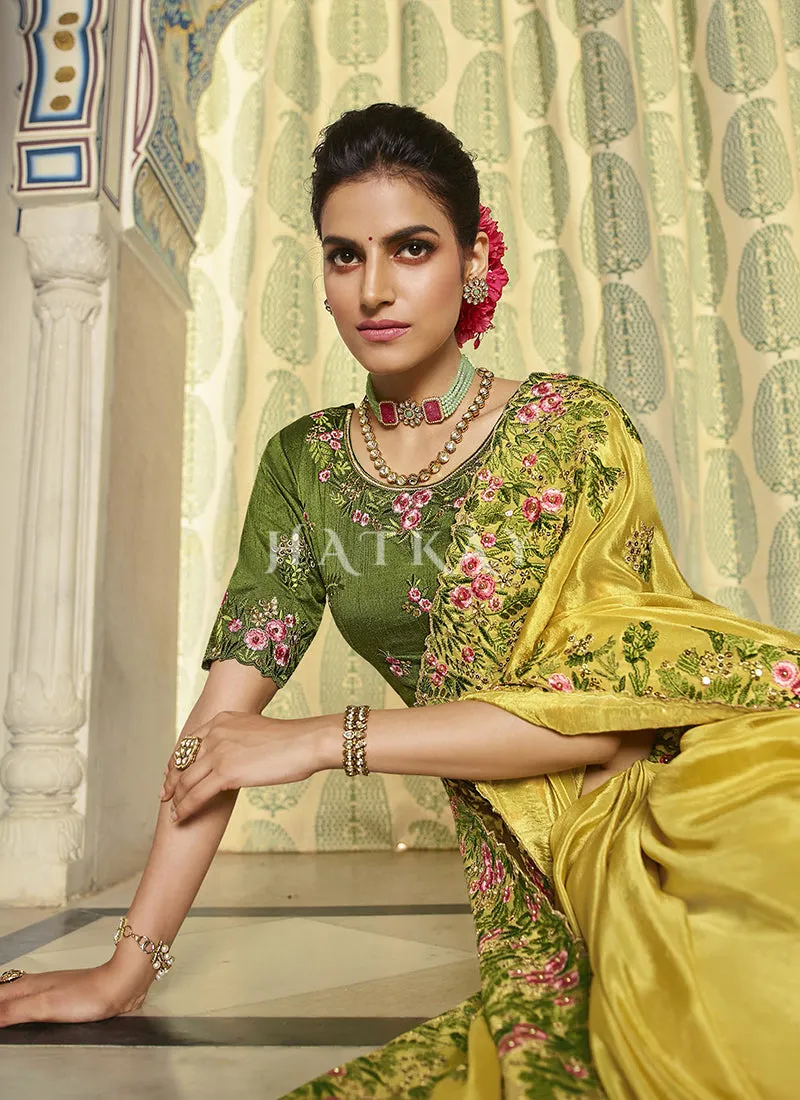Green Yellow Multi Embroidered Traditional Saree