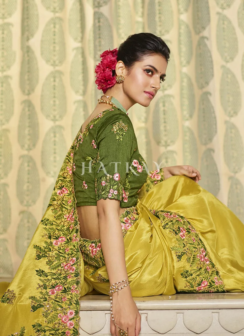 Green Yellow Multi Embroidered Traditional Saree