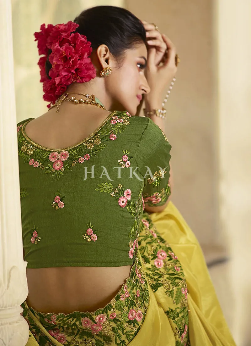 Green Yellow Multi Embroidered Traditional Saree