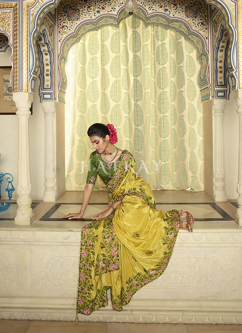 Green Yellow Multi Embroidered Traditional Saree