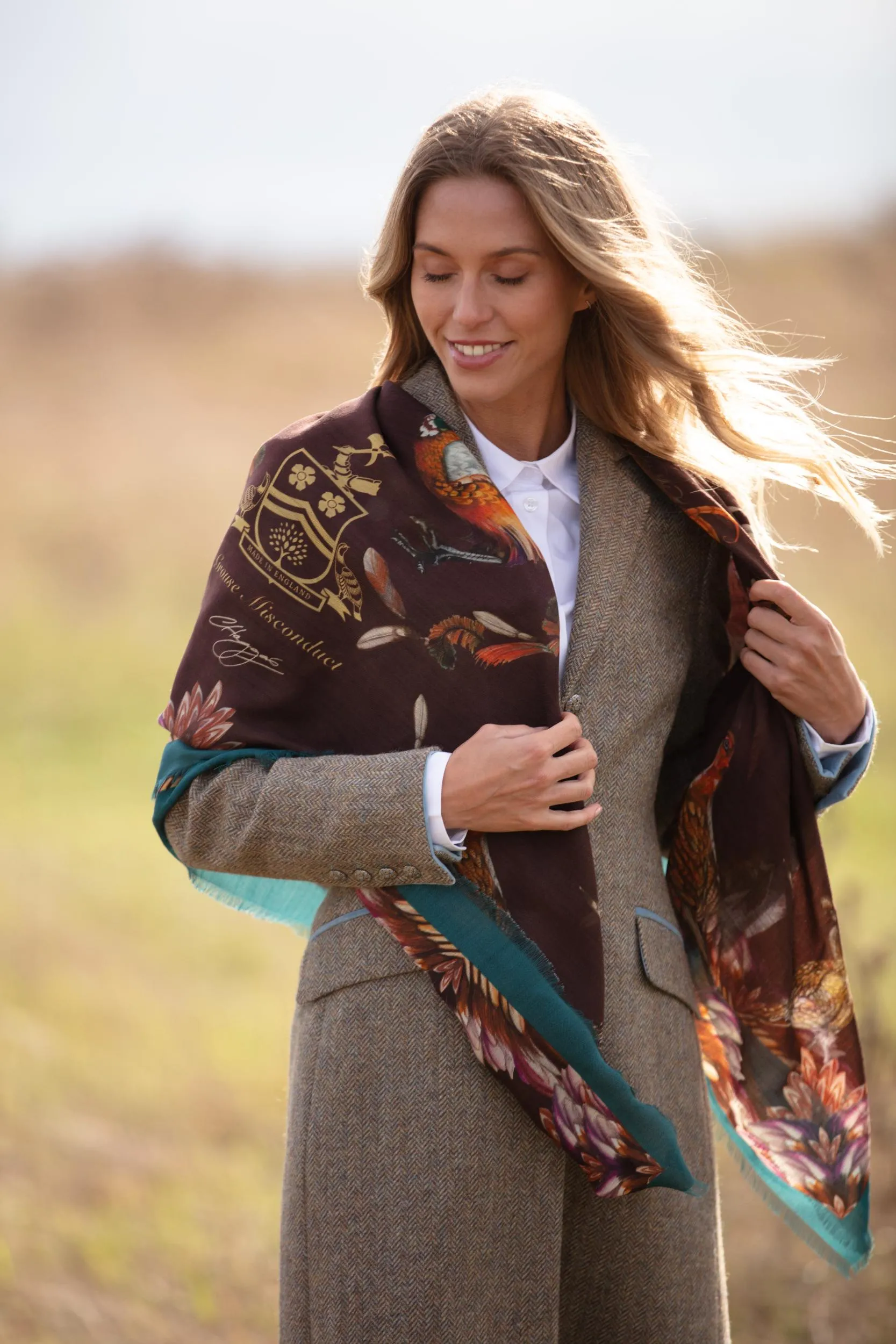 Grouse Misconduct Chocolate Brown & Teal Green Wool Silk Shawl