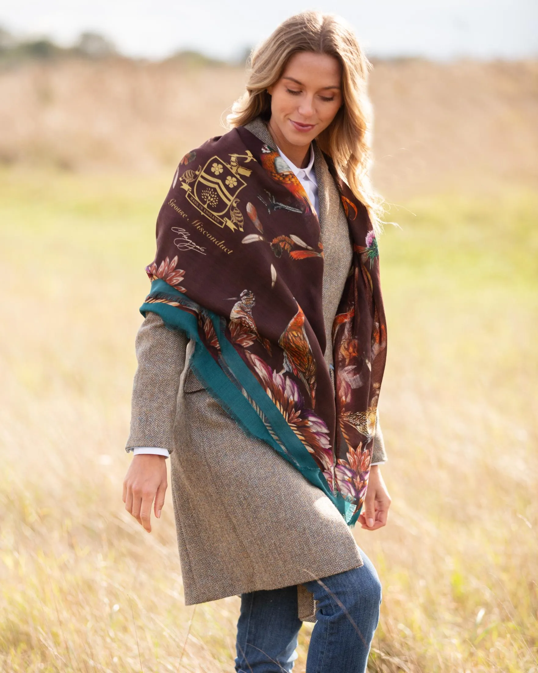 Grouse Misconduct Chocolate Brown & Teal Green Wool Silk Shawl