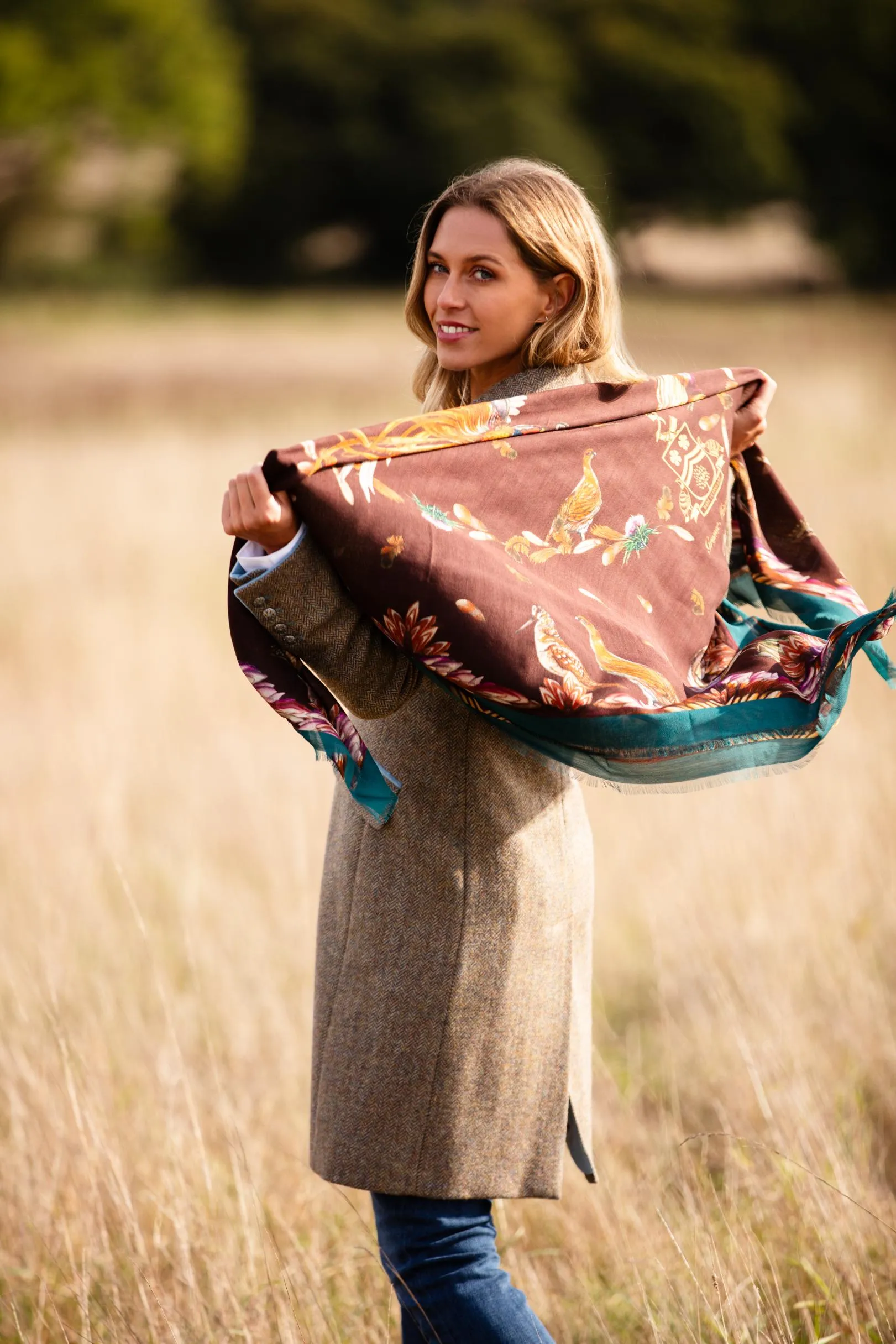 Grouse Misconduct Chocolate Brown & Teal Green Wool Silk Shawl