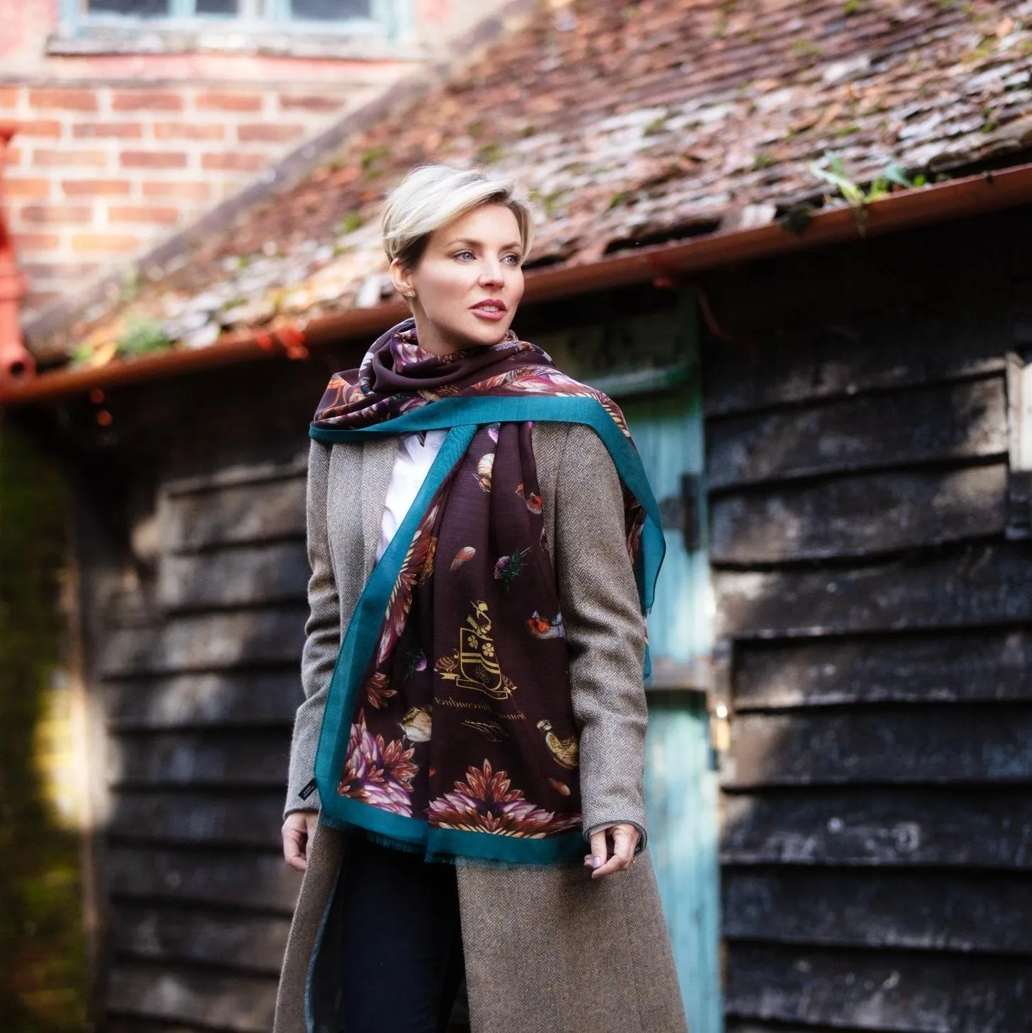 Grouse Misconduct Chocolate Brown & Teal Green Wool Silk Wrap