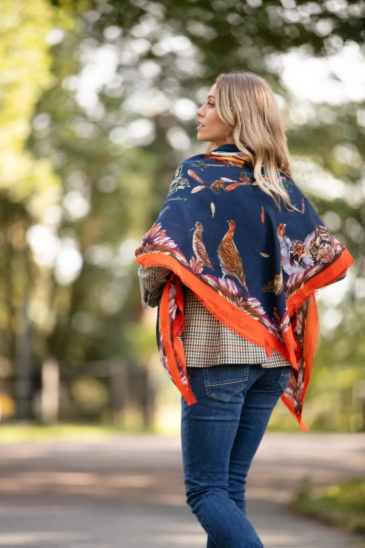 Grouse Misconduct Navy Blue & Seville Orange Wool Silk Shawl