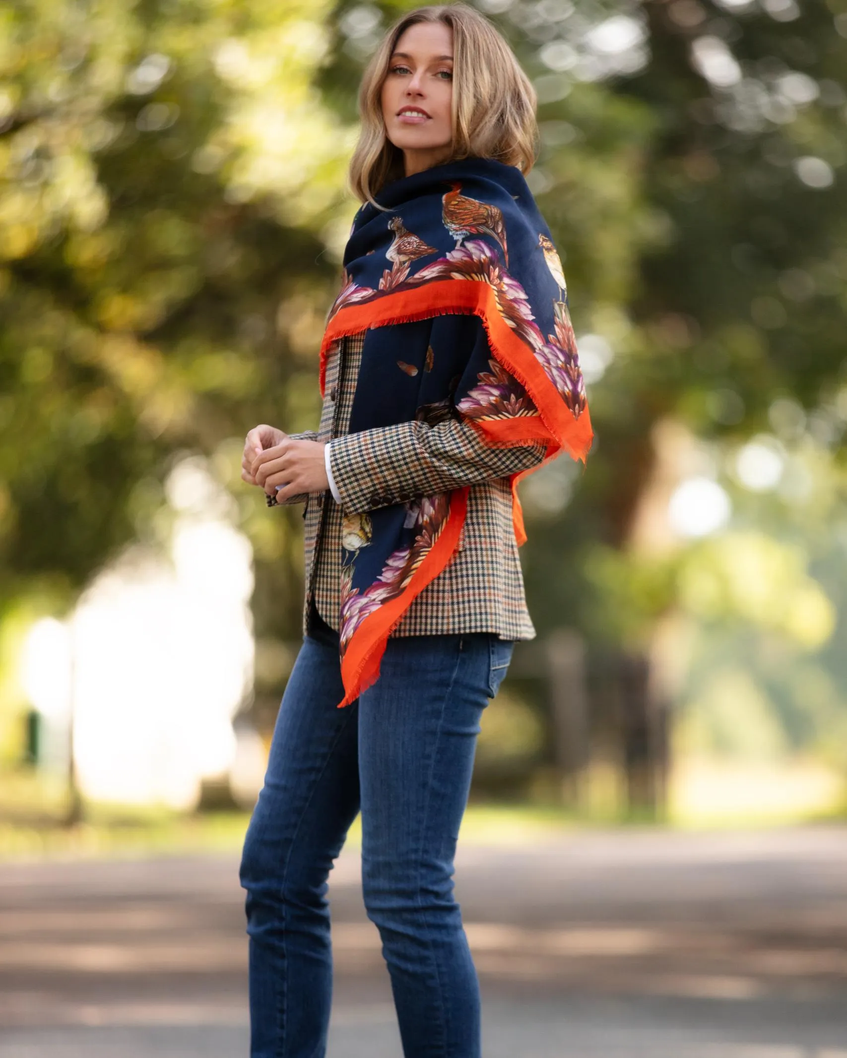 Grouse Misconduct Navy Blue & Seville Orange Wool Silk Shawl
