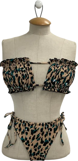Hot Miami Styles Beige Leopard Frill Ruched Bust Frill Bikini UK M