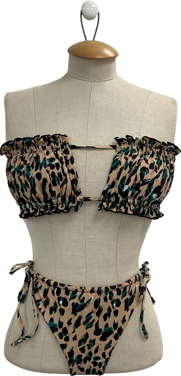 Hot Miami Styles Beige Leopard Frill Ruched Bust Frill Bikini UK M
