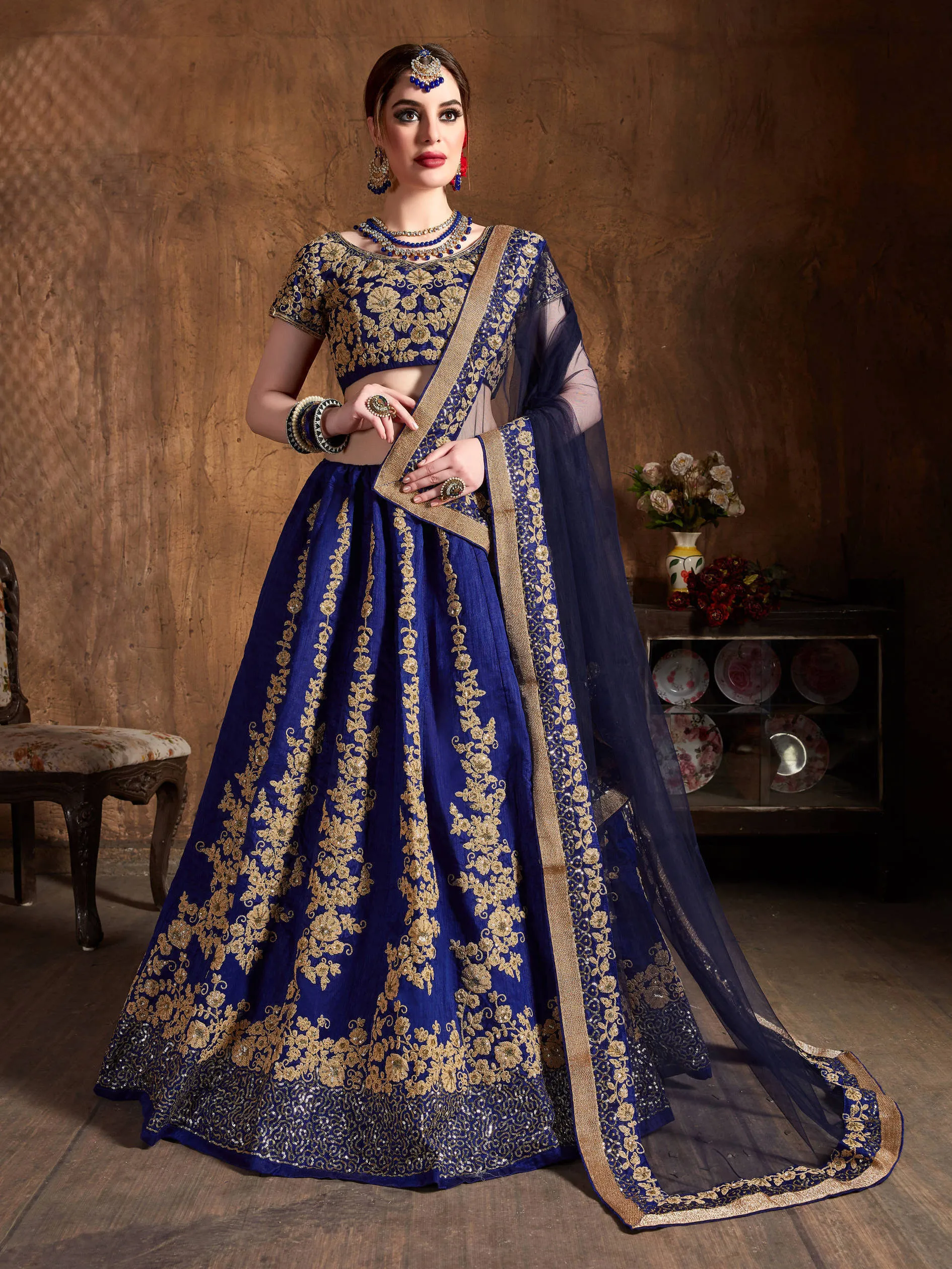 Hypnotic Navy Blue Dori Embroidery Raw Silk Wedding Lehenga Choli