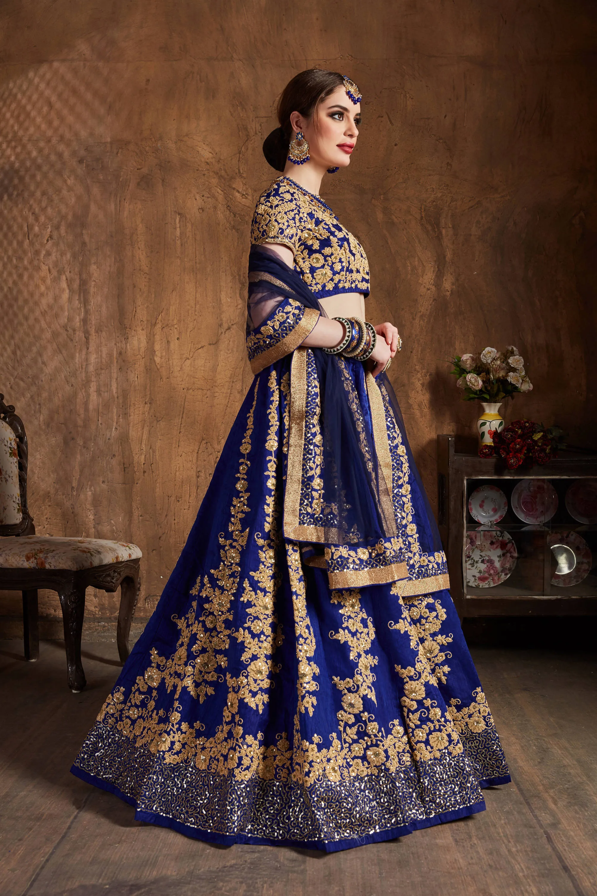 Hypnotic Navy Blue Dori Embroidery Raw Silk Wedding Lehenga Choli