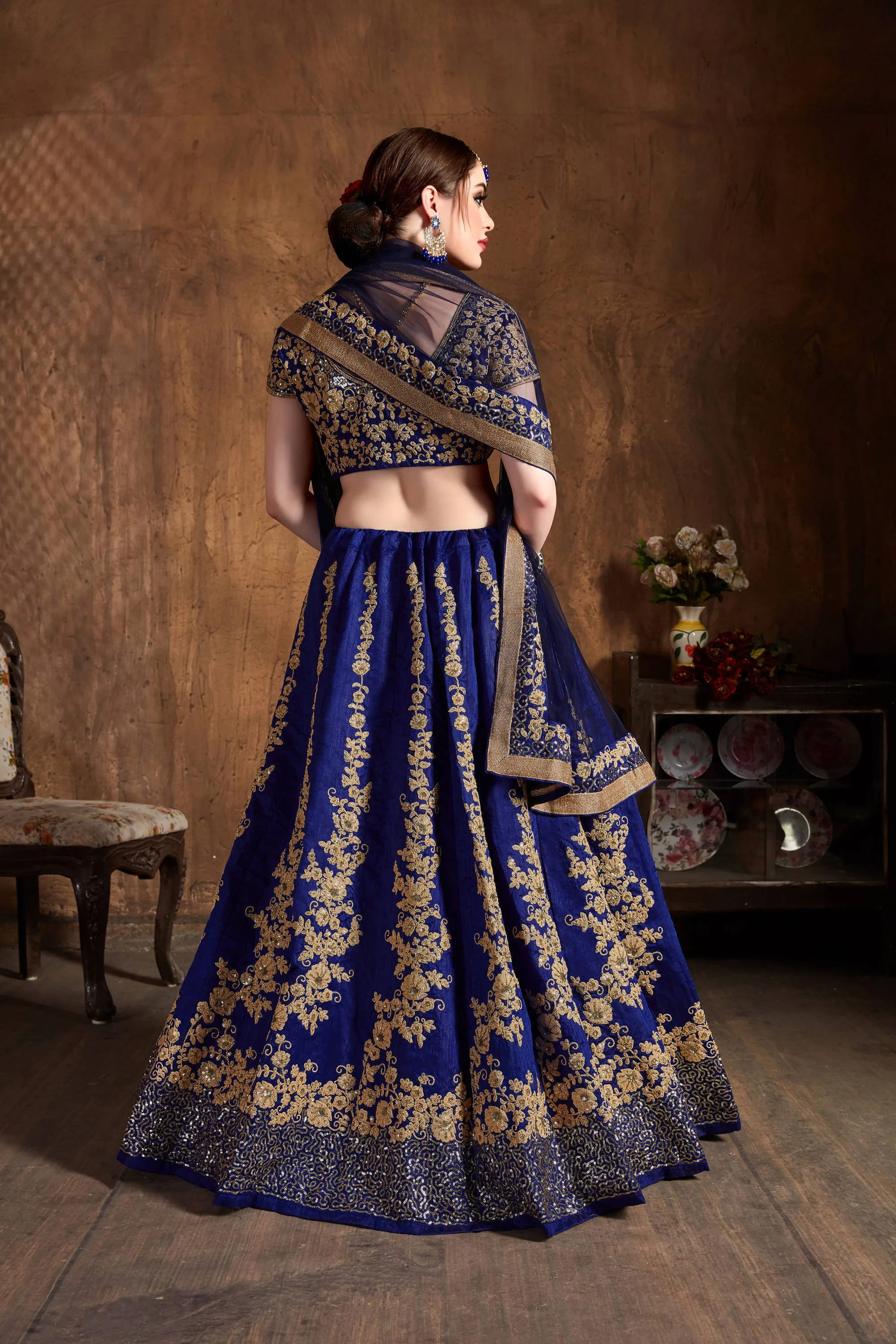 Hypnotic Navy Blue Dori Embroidery Raw Silk Wedding Lehenga Choli