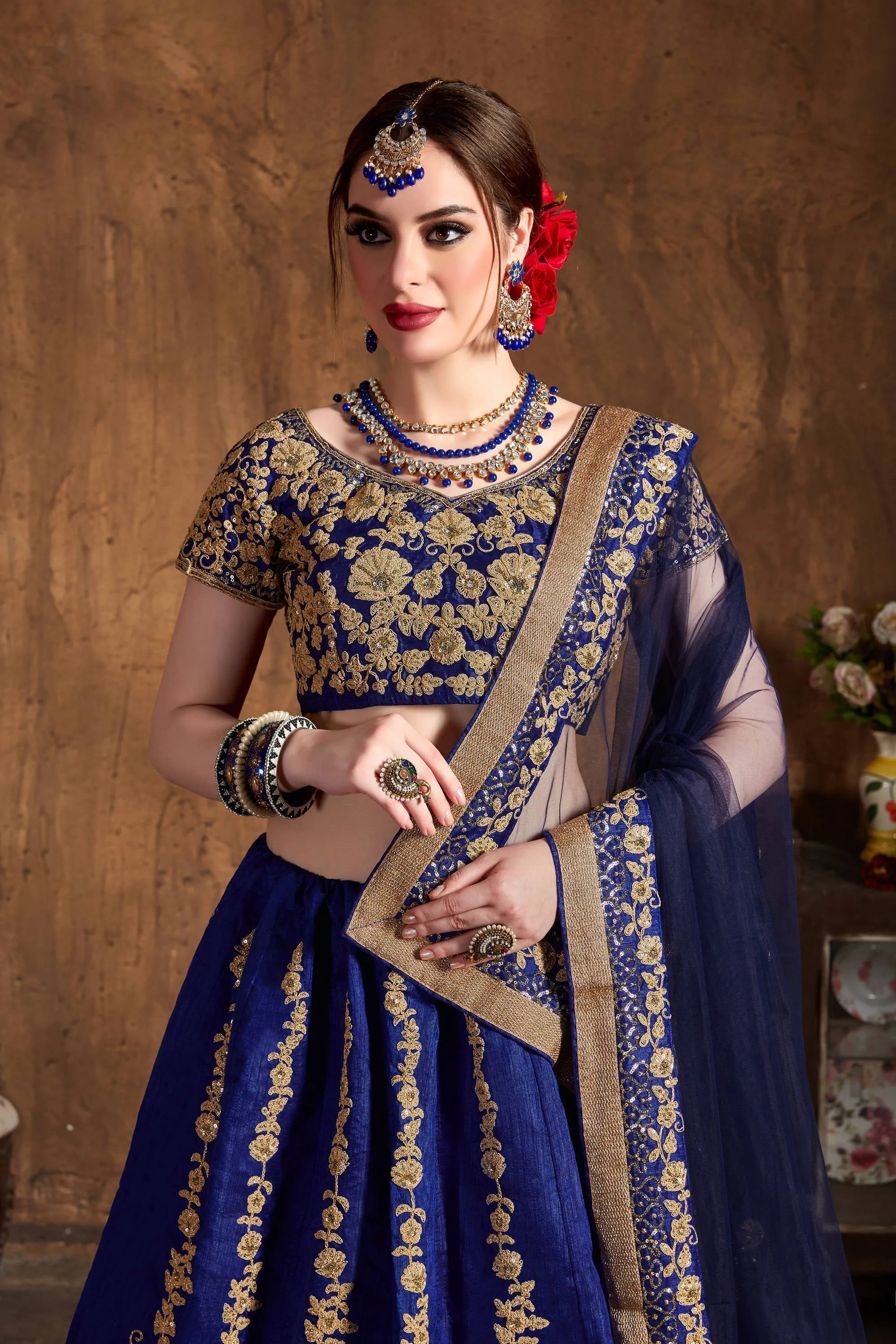 Hypnotic Navy Blue Dori Embroidery Raw Silk Wedding Lehenga Choli