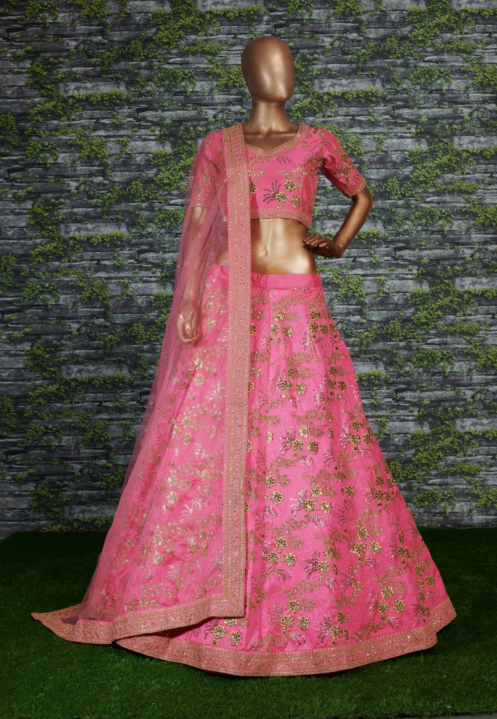 Hypnotic Pink Colored Wedding Wear Embroidered Satin Lehenga Choli