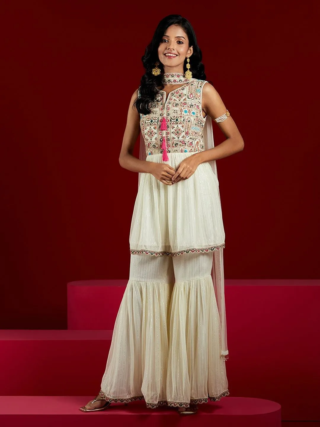 Jashvi Art Off White Yoke Design Silk Chiffon A-Line Sharara Suit Set With Dupatta