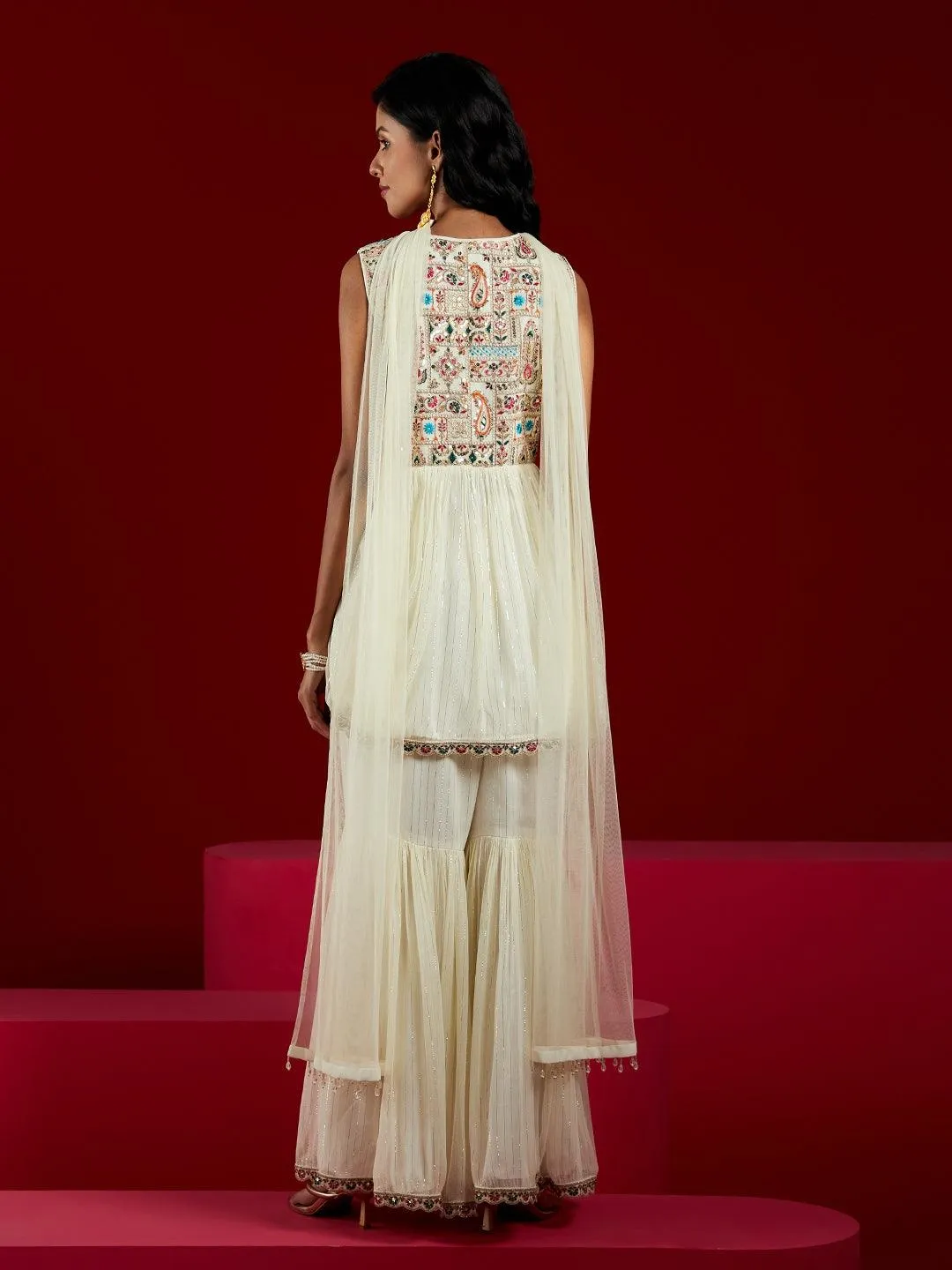 Jashvi Art Off White Yoke Design Silk Chiffon A-Line Sharara Suit Set With Dupatta