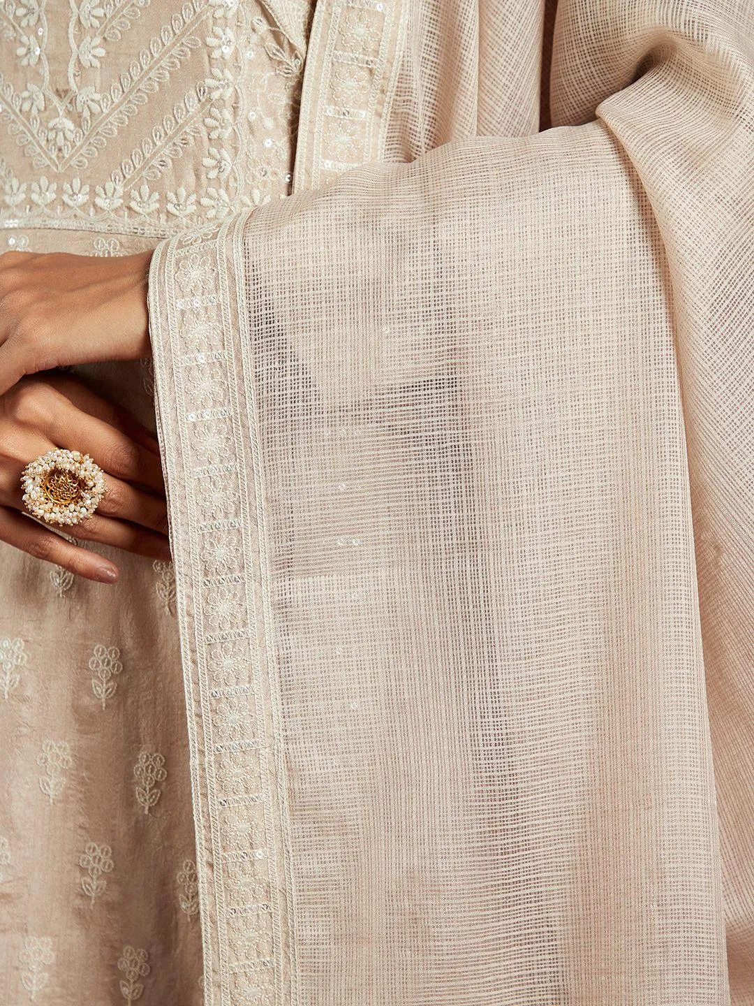 Jashvi Art Taupe Embroidered Silk A-Line Kurta With Trousers & Dupatta