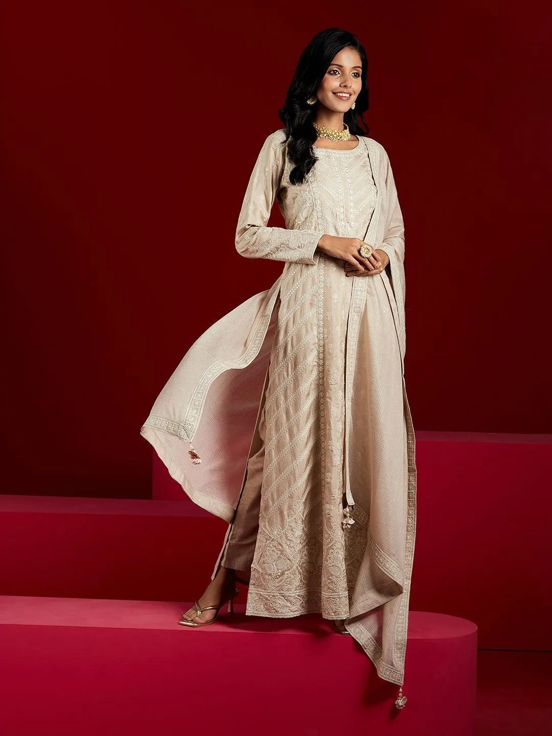 Jashvi Art Taupe Embroidered Silk A-Line Kurta With Trousers & Dupatta