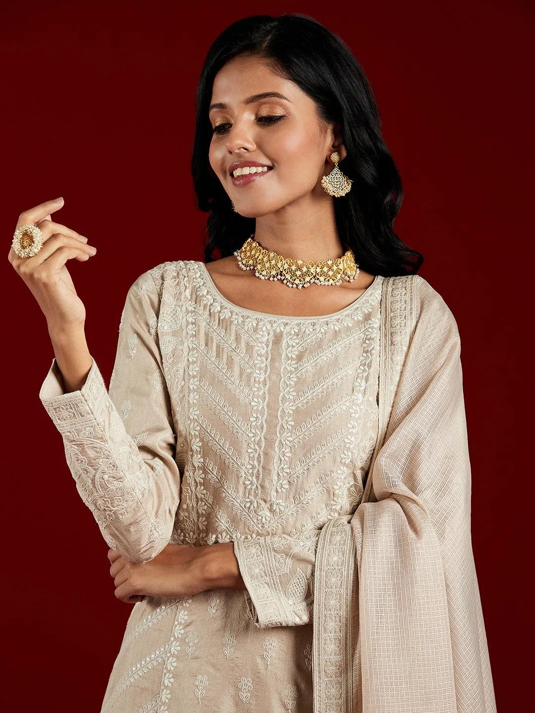 Jashvi Art Taupe Embroidered Silk A-Line Kurta With Trousers & Dupatta