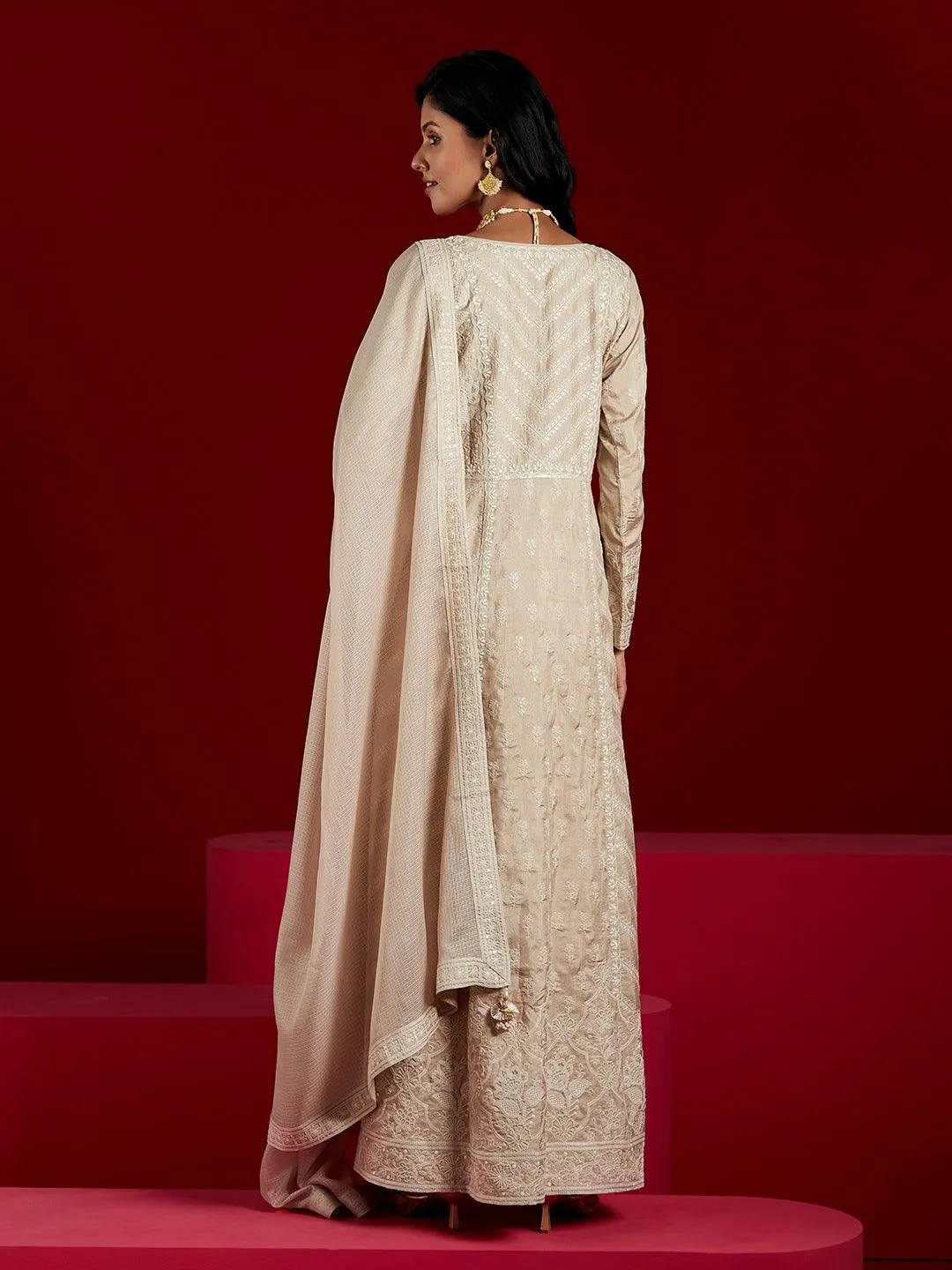 Jashvi Art Taupe Embroidered Silk A-Line Kurta With Trousers & Dupatta