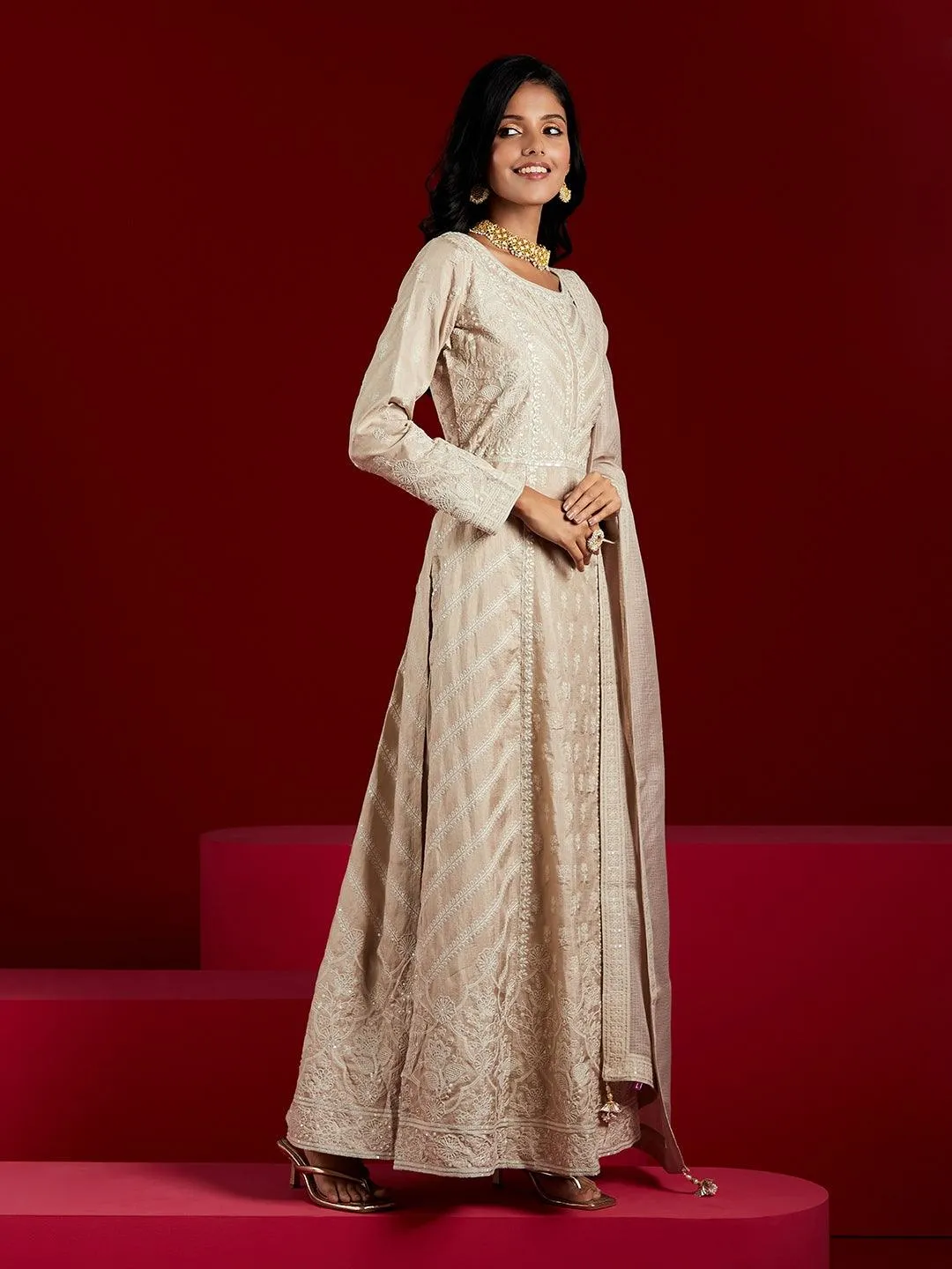 Jashvi Art Taupe Embroidered Silk A-Line Kurta With Trousers & Dupatta