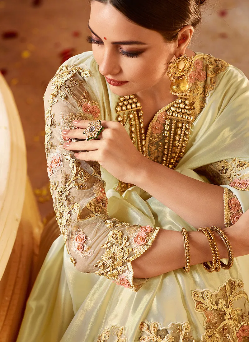 Lemon Yellow Chic Style Motif Embroidered Designer Silk Saree