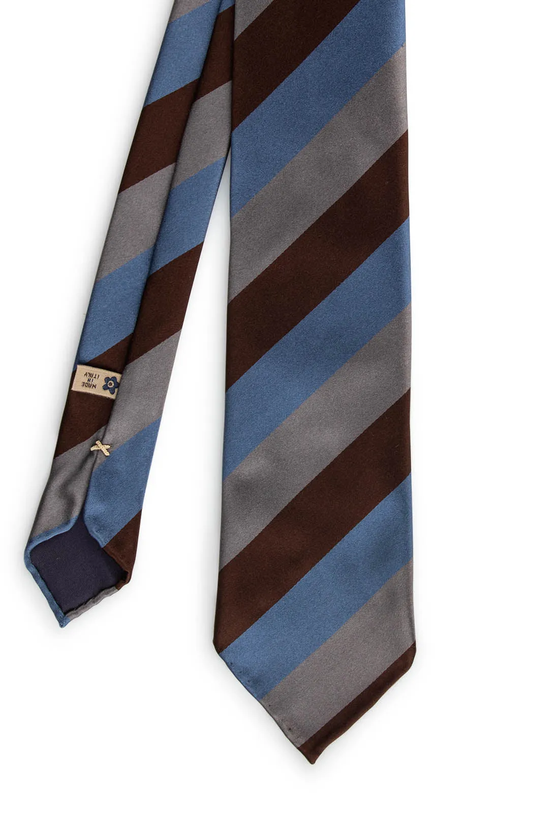 Light blue, brown & grey regimental unlined silk hand made tie