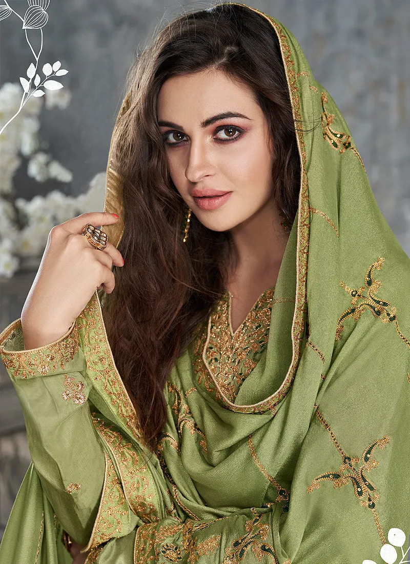 Light Green Gold Embroidered Pakistani Palazzo Suit