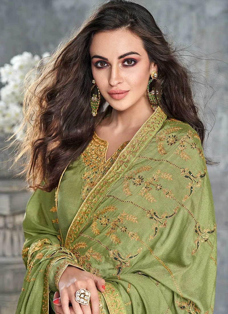 Light Green Gold Embroidered Pakistani Palazzo Suit