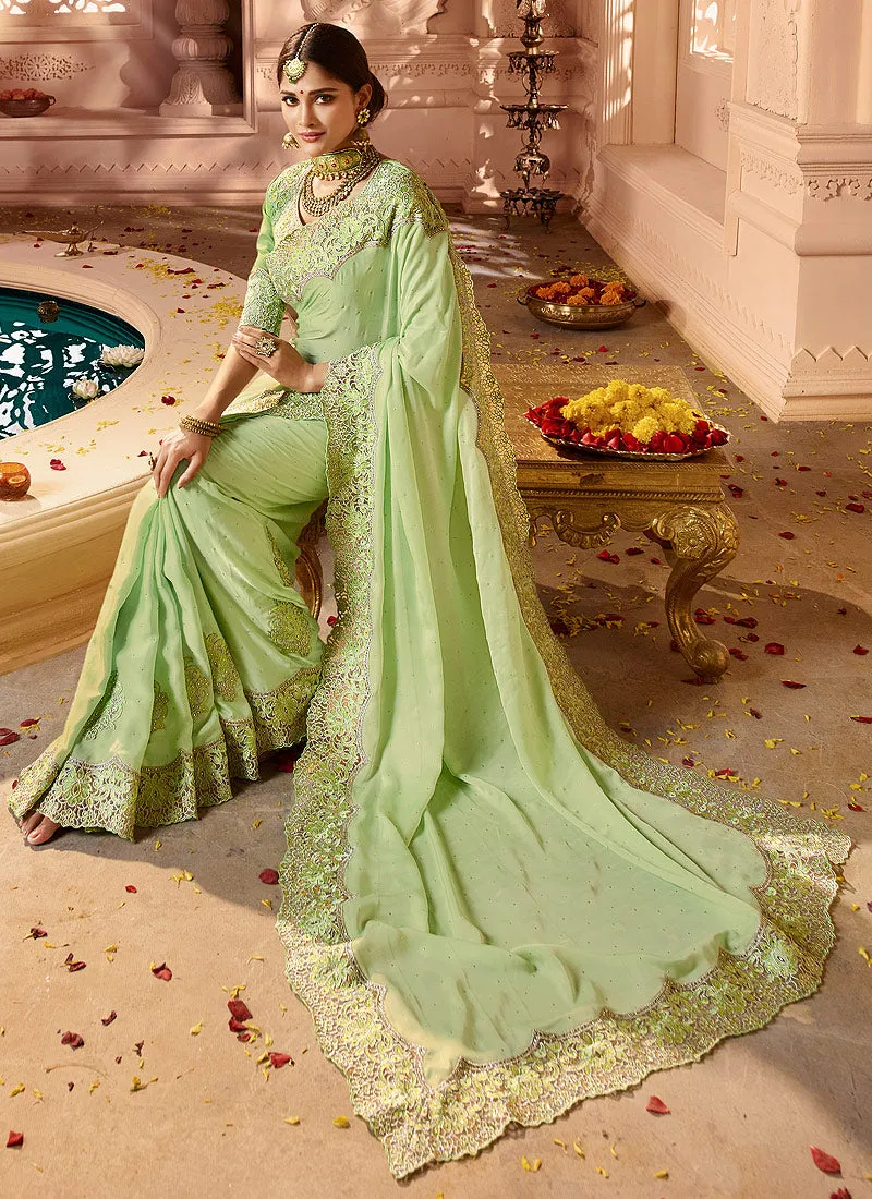 Light Green Overall Traditional Motif Embroidered Designer Silk Saree