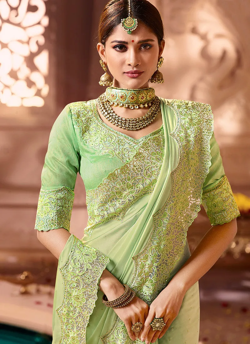 Light Green Overall Traditional Motif Embroidered Designer Silk Saree