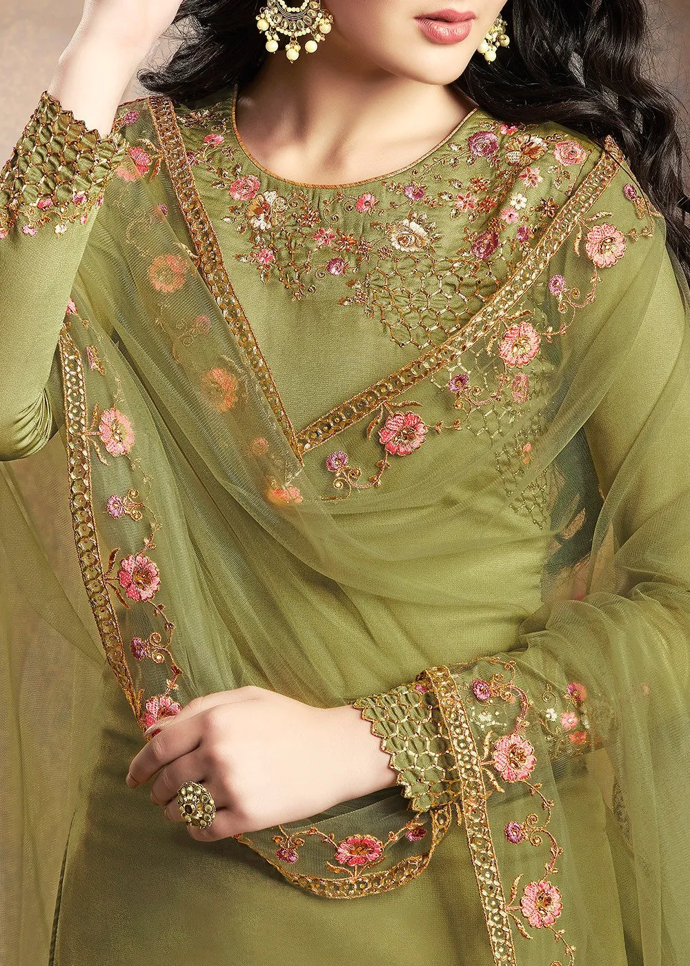 Light Green Traditional Embroidered Indian Gharara Suit