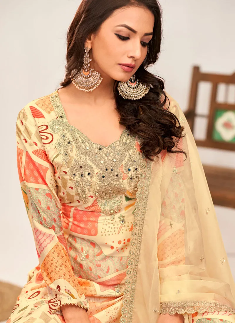 Light Yellow Multicoloured Embroidery Palazzo Style Suit