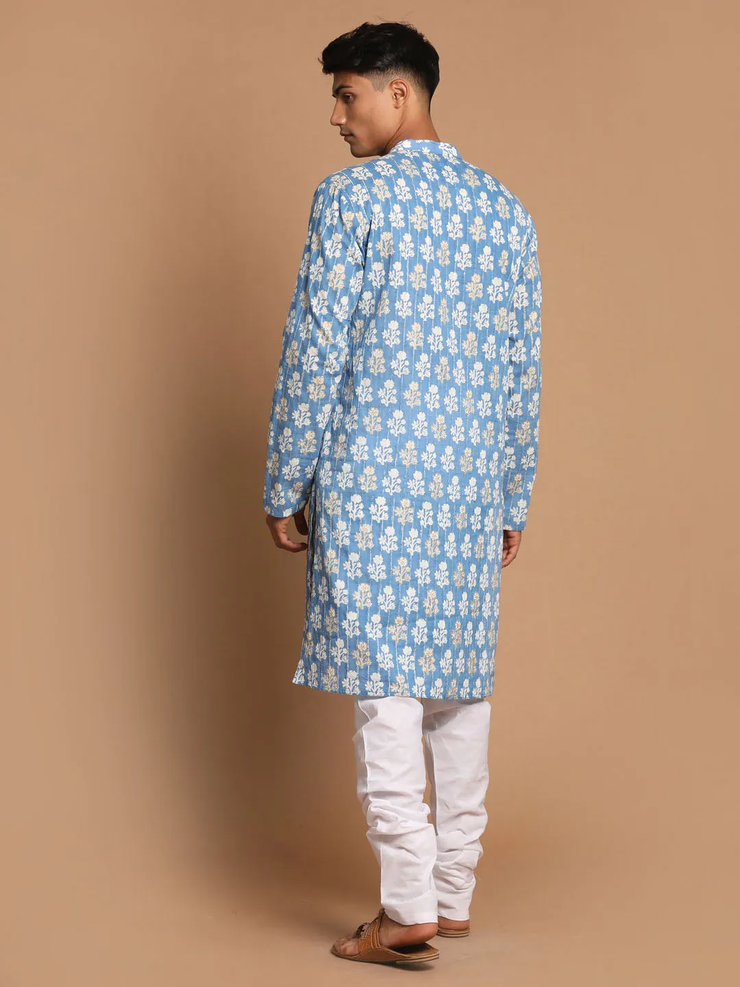 Men's Blue And White Cotton Kurta Pyjama Set - Vastramay