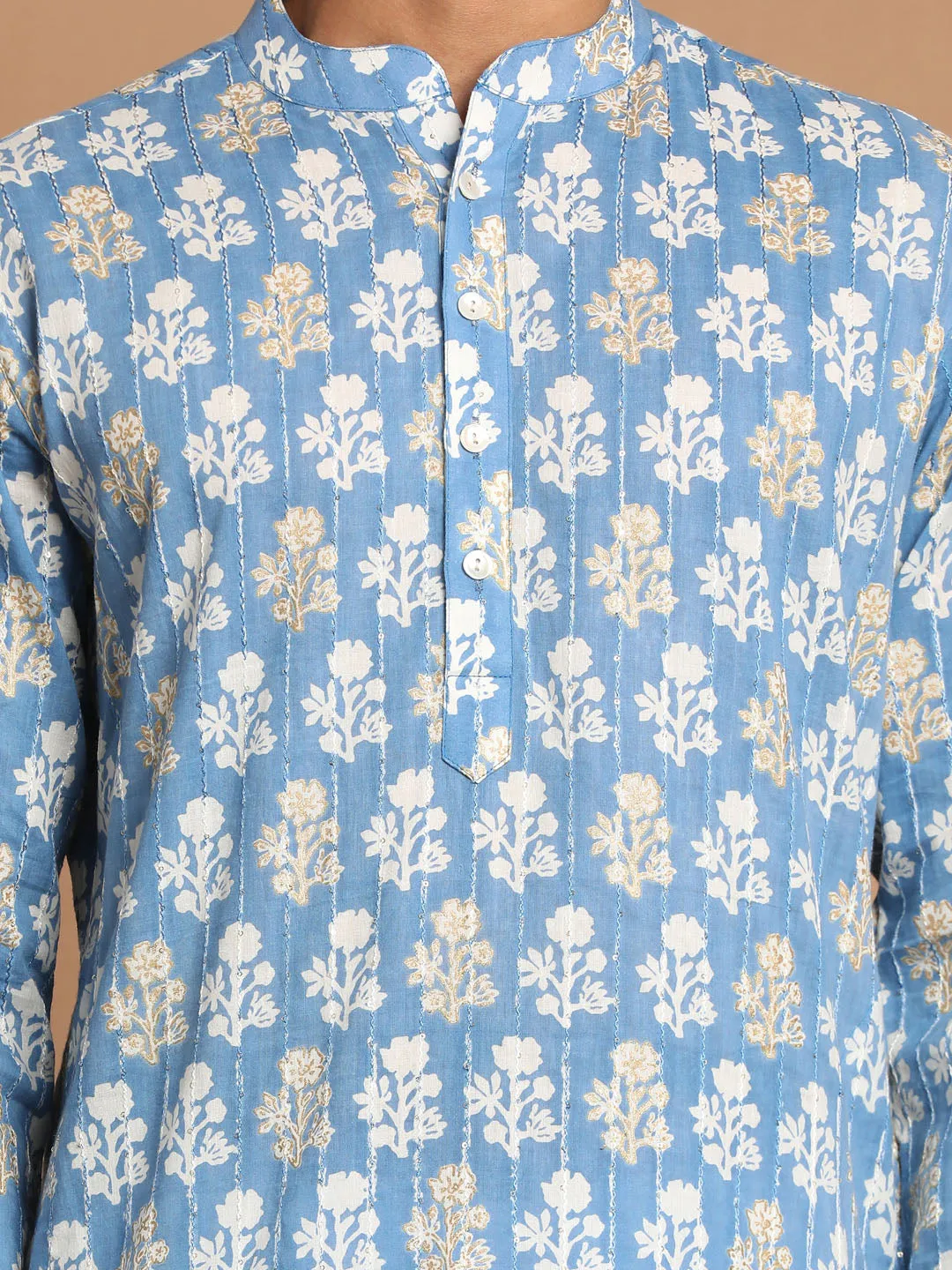 Men's Blue And White Cotton Kurta Pyjama Set - Vastramay