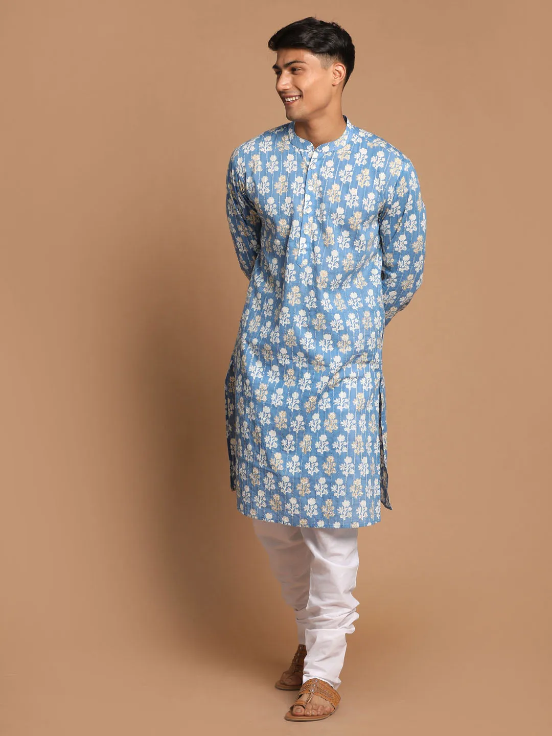 Men's Blue And White Cotton Kurta Pyjama Set - Vastramay