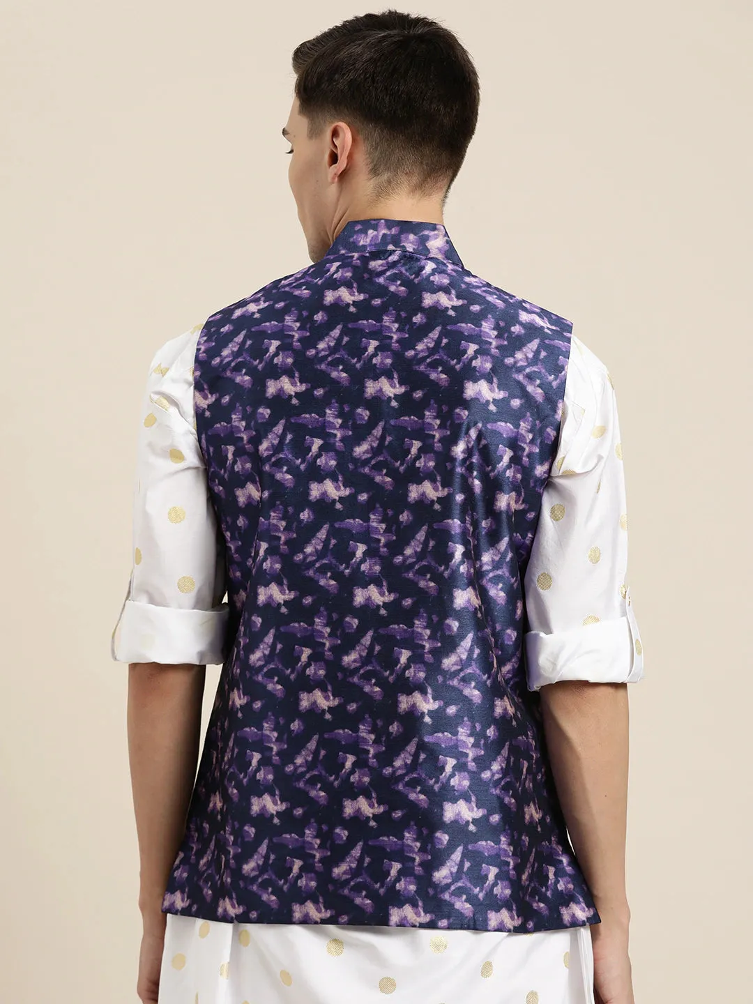 Men's Silk Blend Navy Blue Printed Only Nehrujacket - Sojanya