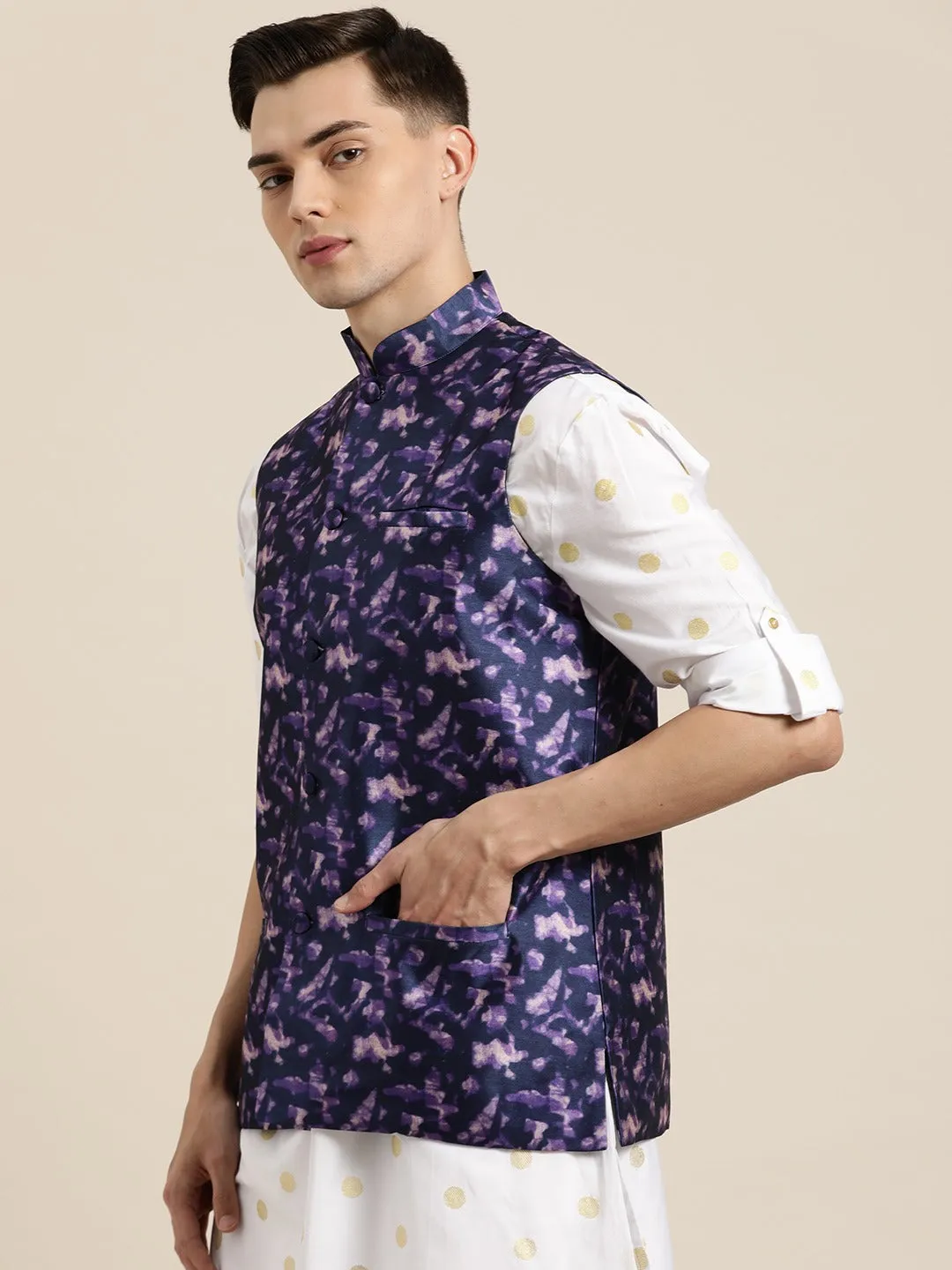 Men's Silk Blend Navy Blue Printed Only Nehrujacket - Sojanya