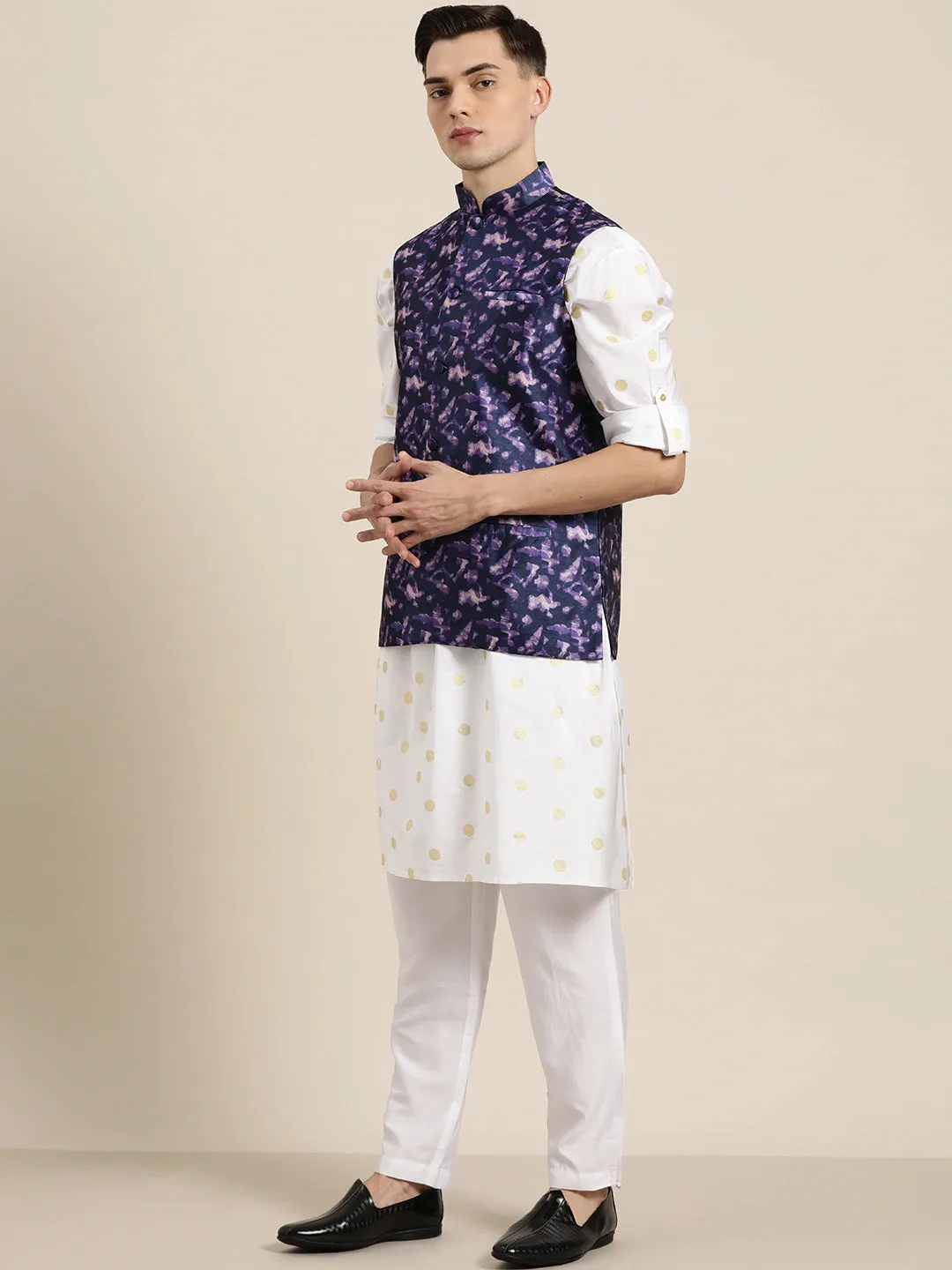 Men's Silk Blend Navy Blue Printed Only Nehrujacket - Sojanya