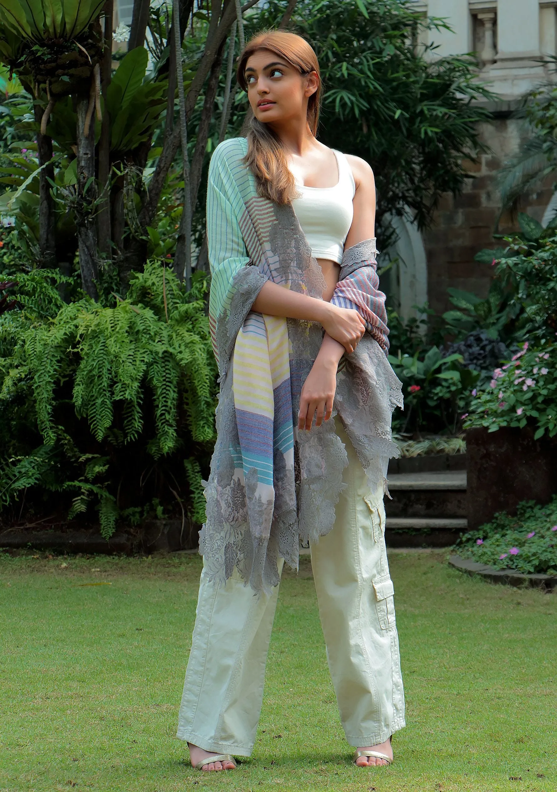 Multi-Colored Stripe Wool And Silk Scarf with a Mousse Floral Lace Border