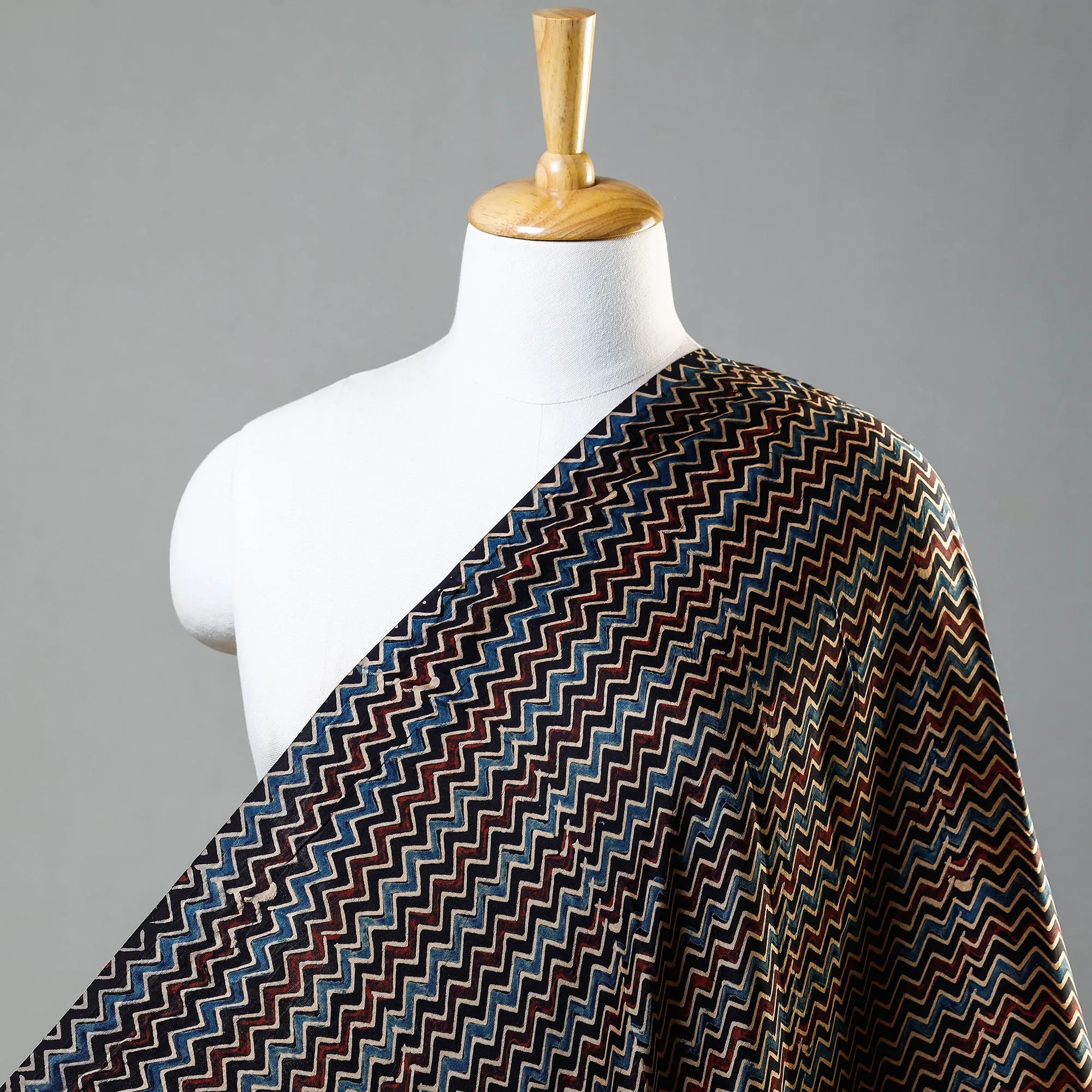 Multicolor - Triple Colour Chevron Ajrakh Hand Block Printed Modal Silk Fabric