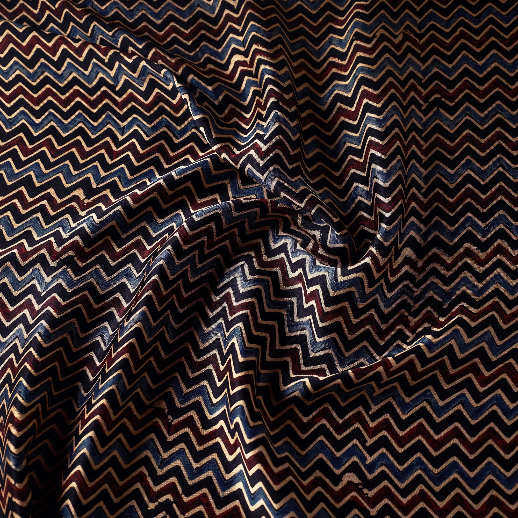 Multicolor - Triple Colour Chevron Ajrakh Hand Block Printed Modal Silk Fabric
