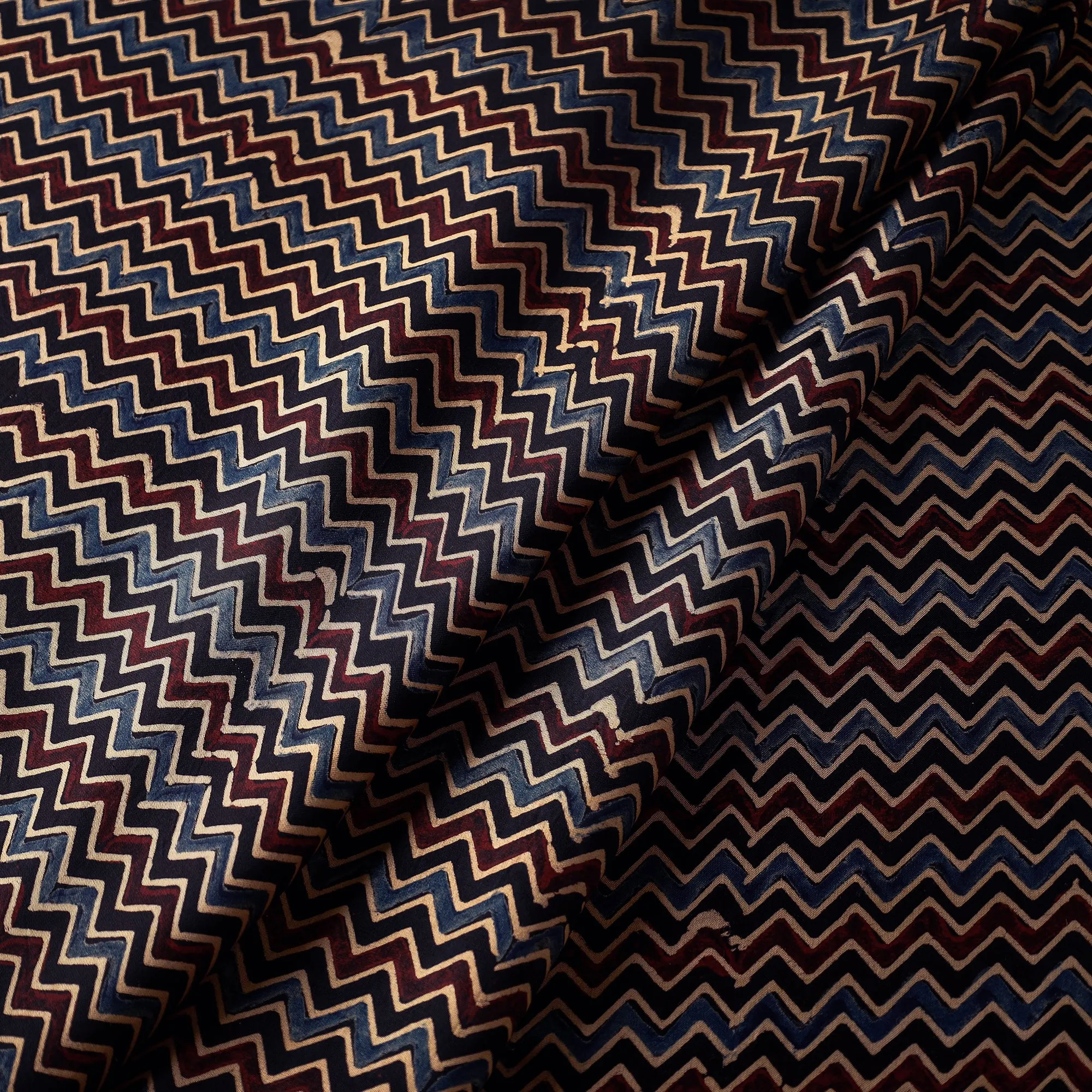 Multicolor - Triple Colour Chevron Ajrakh Hand Block Printed Modal Silk Fabric