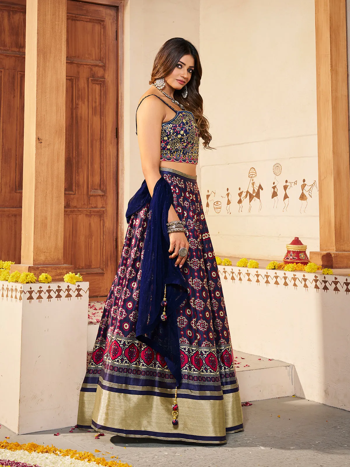 Navy Blue  Silk Printed Semi Stitched Lehenga With Unstitched Blouse