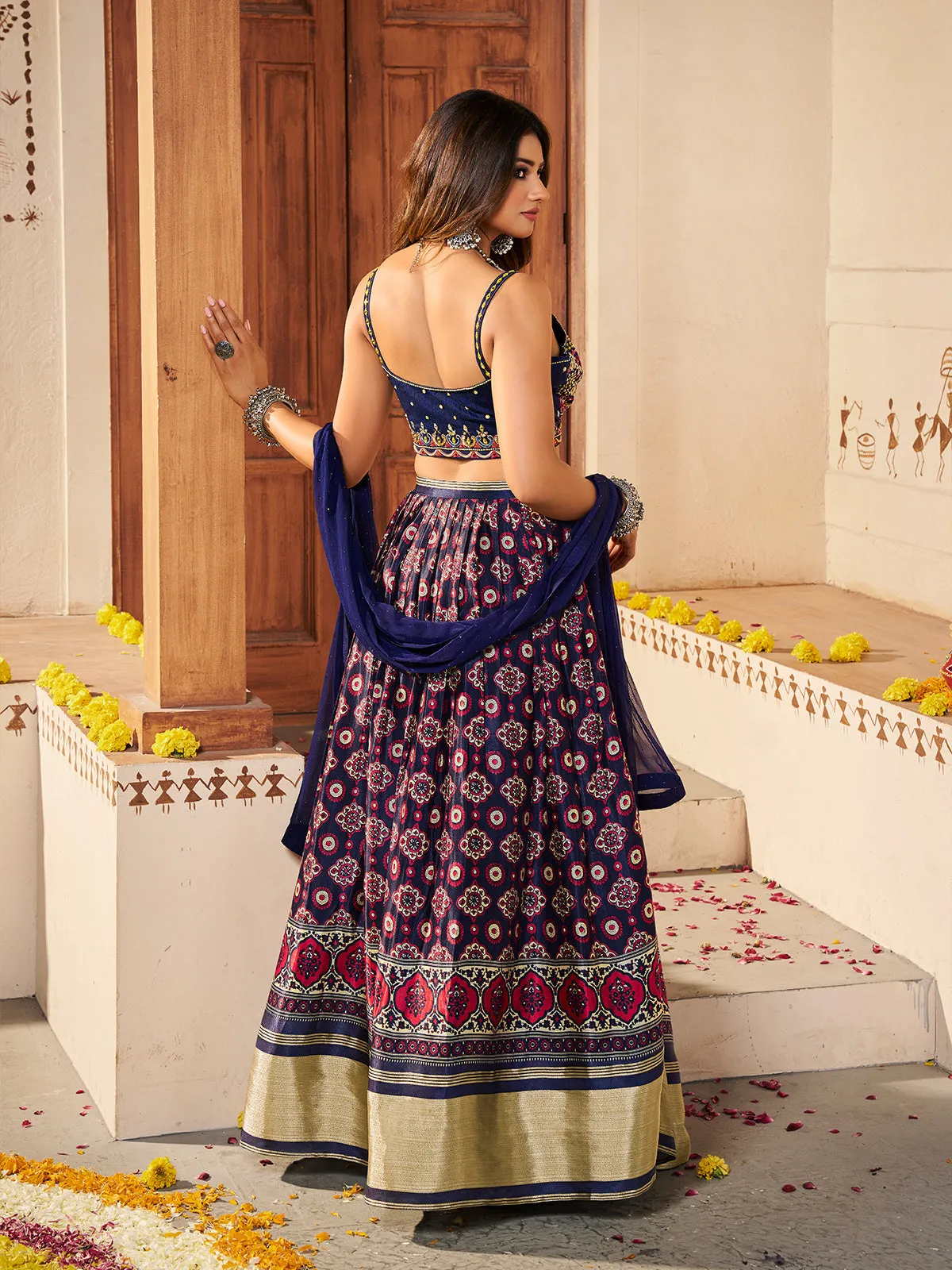 Navy Blue  Silk Printed Semi Stitched Lehenga With Unstitched Blouse