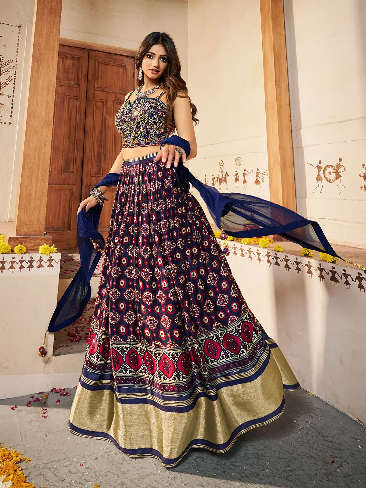Navy Blue  Silk Printed Semi Stitched Lehenga With Unstitched Blouse