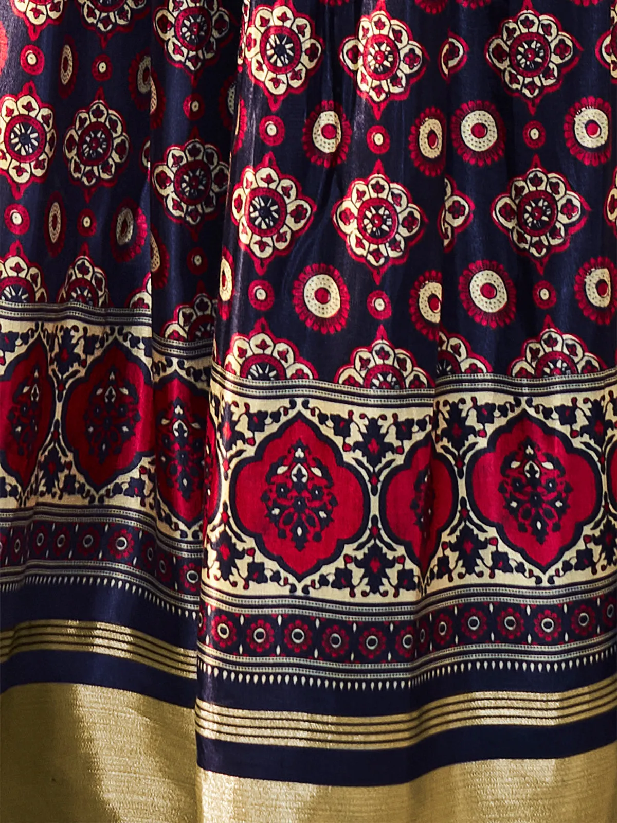 Navy Blue  Silk Printed Semi Stitched Lehenga With Unstitched Blouse