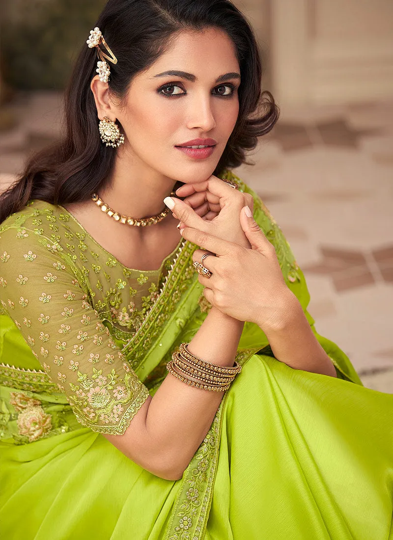 Neon Green Embroidered Party Wear Silk Saree